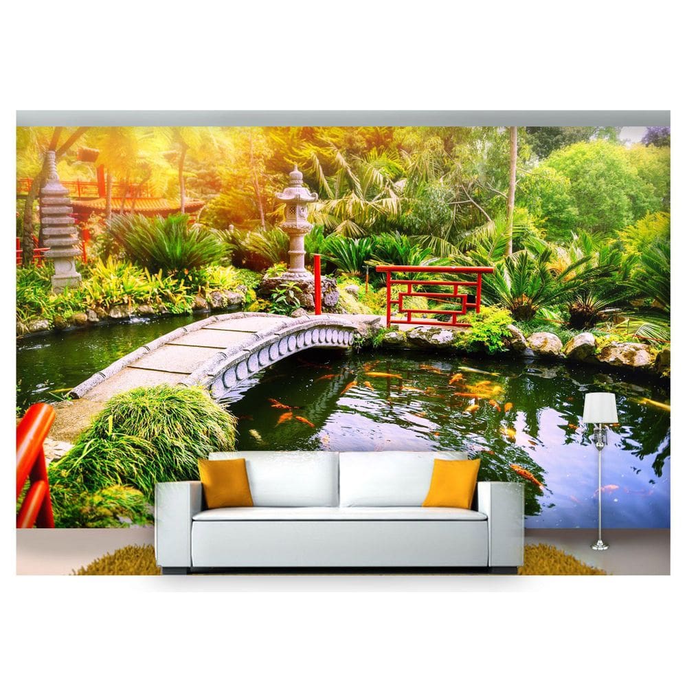 Papel De Parede Jardim Japonês Ponte Carpas 3D Jjp16
