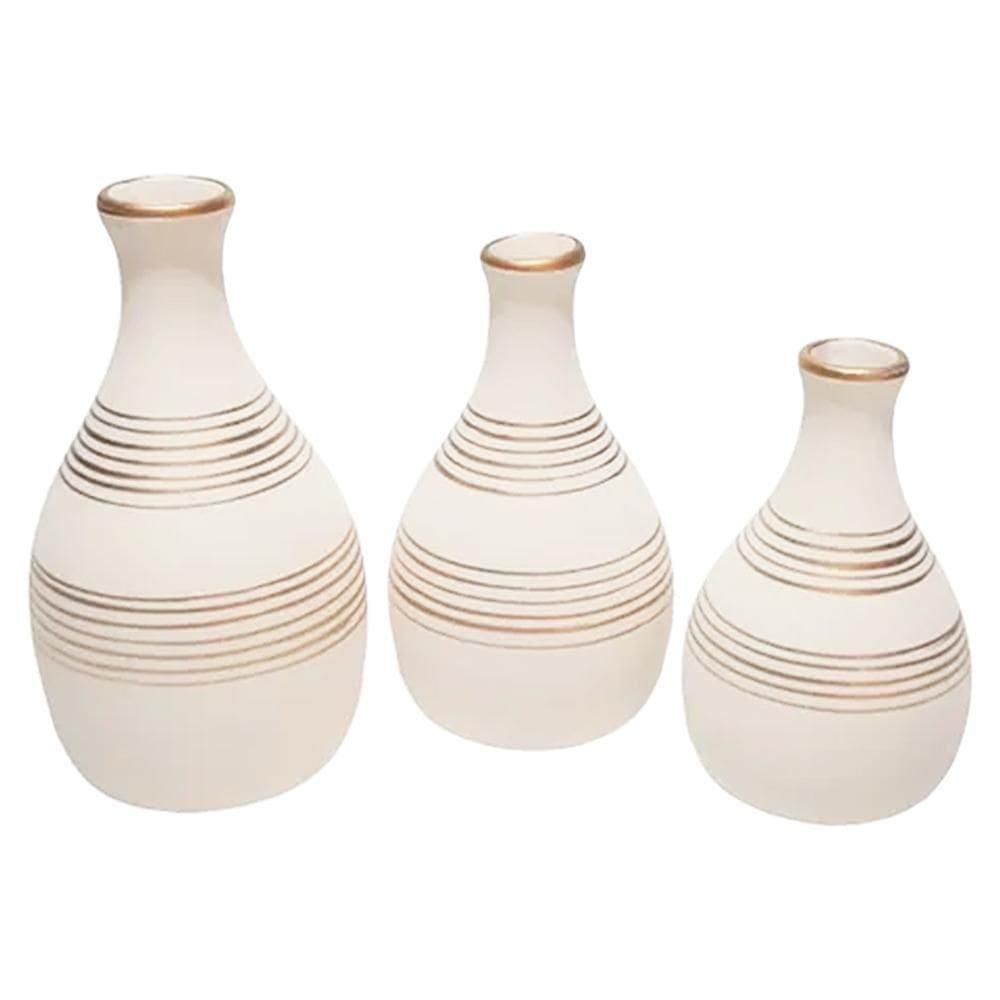 Trio Vasos Garrafas Em Cerâmica Fosca De Sala White Gold