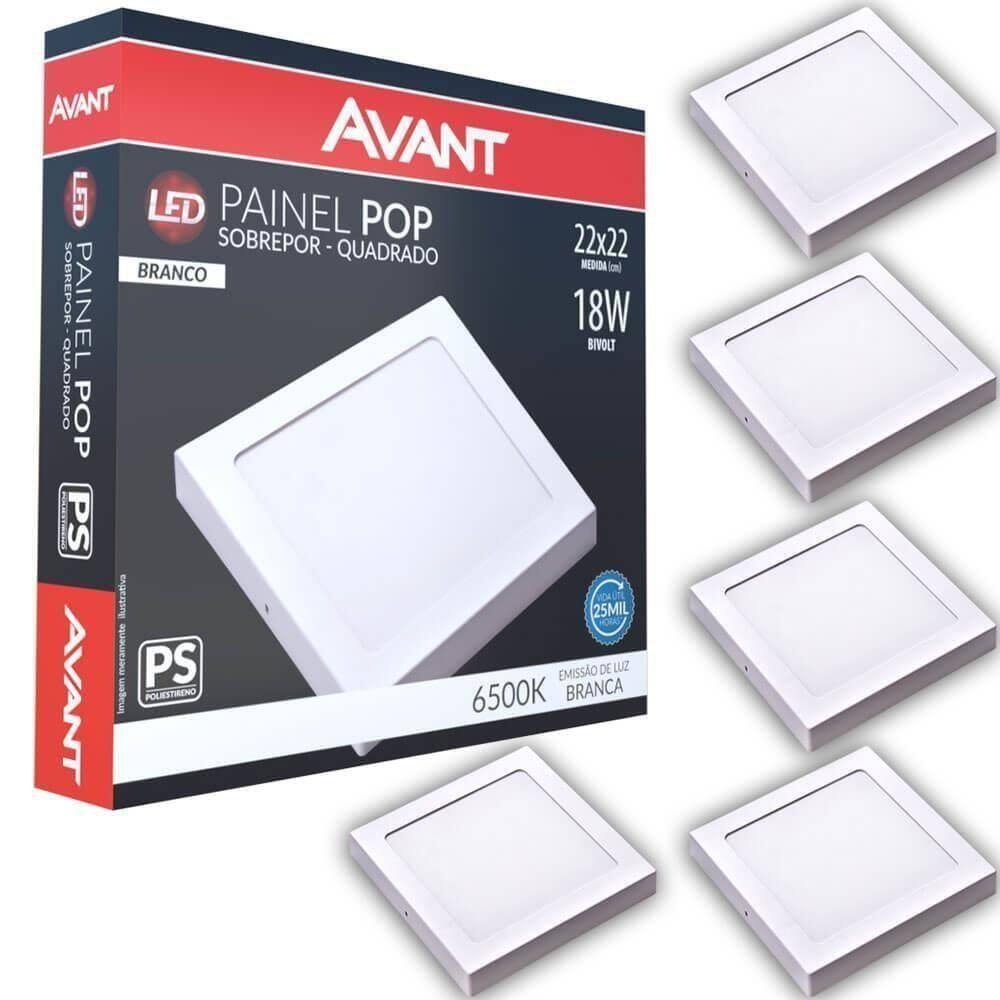 Kit 5 Plafon Painel De Led Avant Pop 18w Branco 6500k 1080 Lúmens Quadrado De Sobrepor 22x22cm Bivol