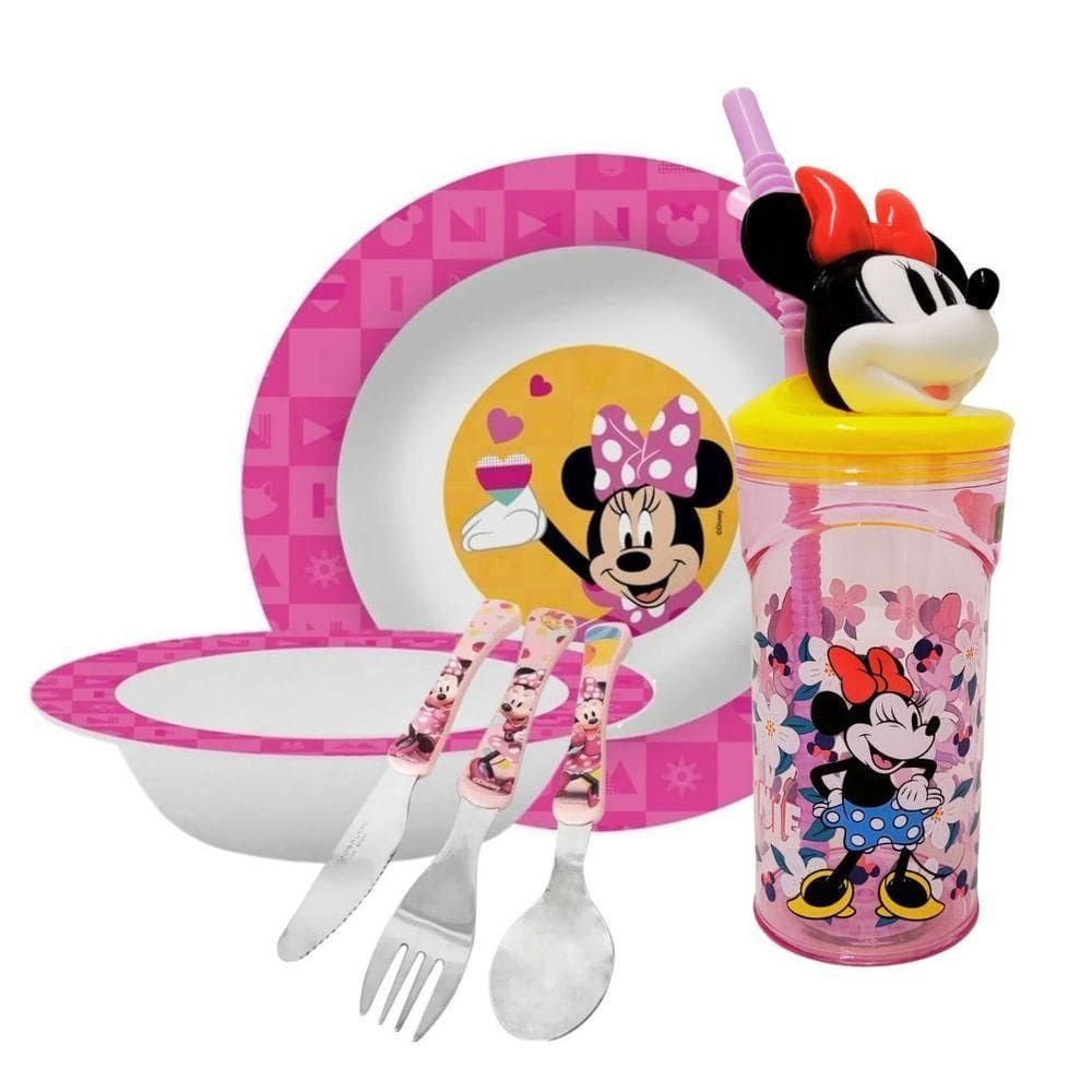 Kit Refeição Infantil Minnie Disney 6 Peças Prato, Tigela, Copo 3d E Talheres