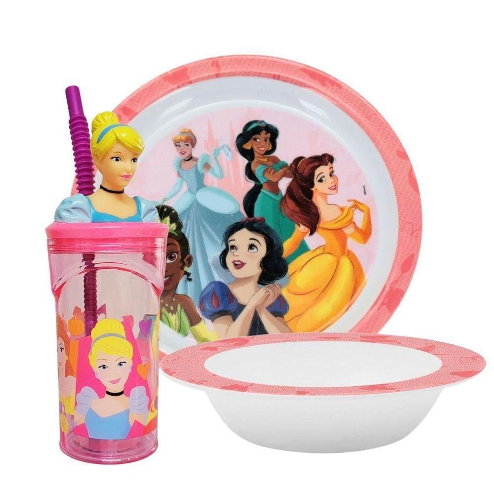 Jogo Refeição Infantil Princesas Disney 3 Peças Prato, Tigela E Copo Melamina - Tuut
