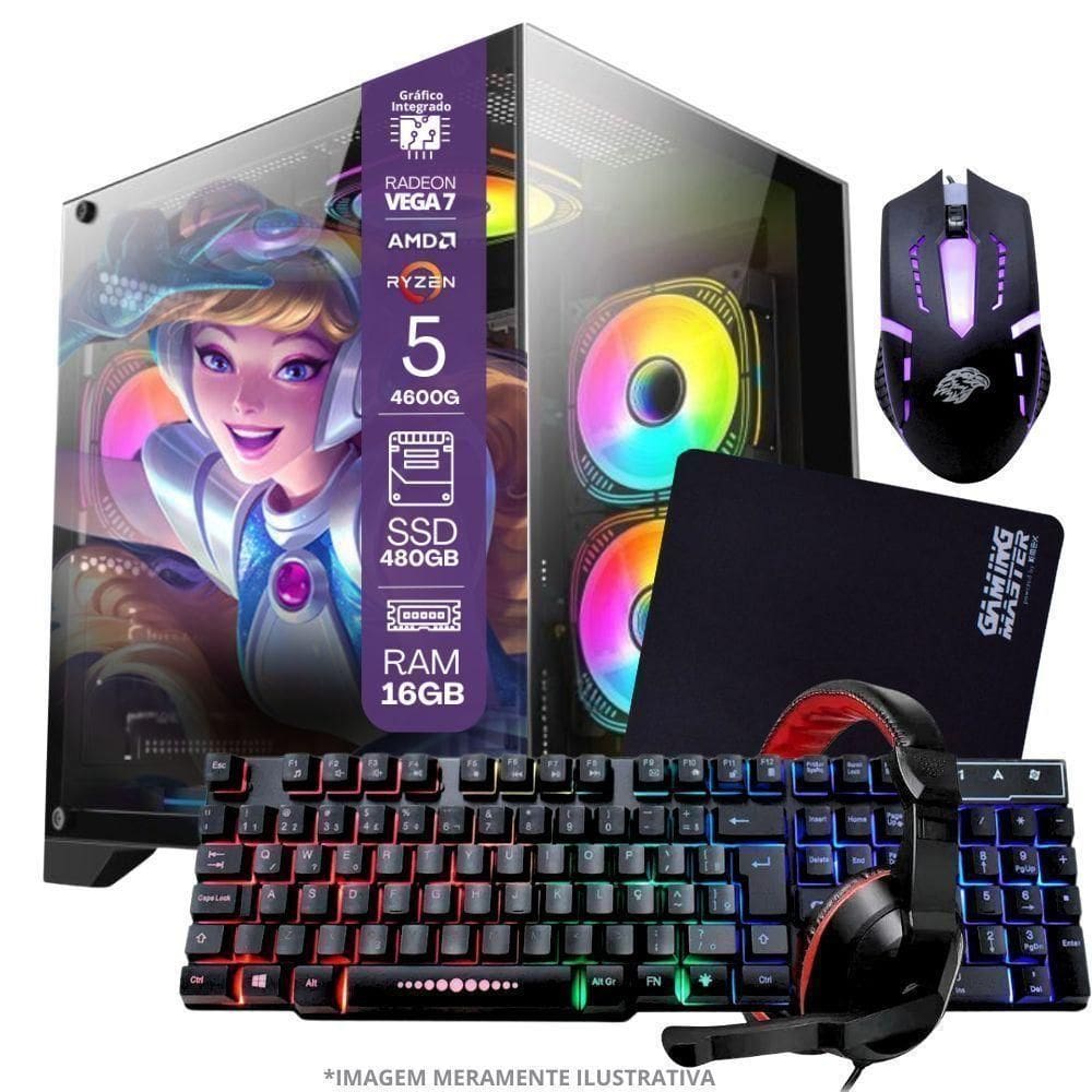 Pc Gamer Amd Ryzen 5 4600g, 16gb Ram, Placa De Video Radeon Vega 7, Ssd 480gb, Fonte 550w + Kit Gamer Completo