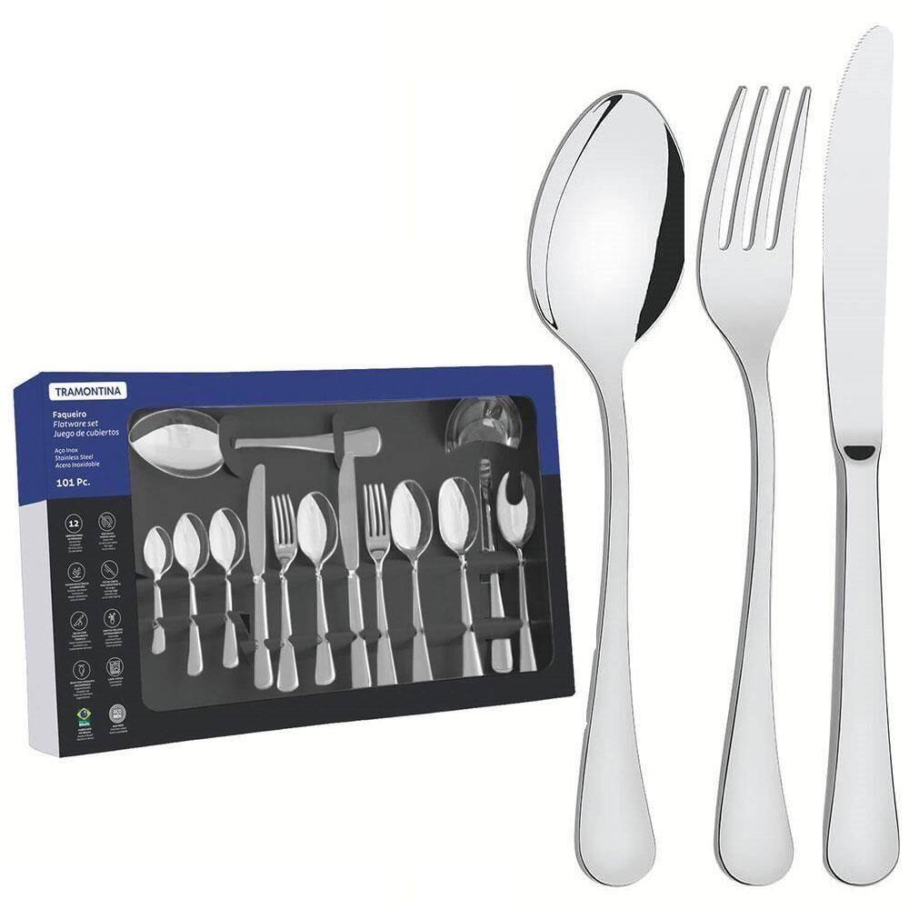 Faqueiro Tramontina Zurique Em Aço Inox Com Facas De Mesa Acabamento Alto Brilho 101 Peças 66986030