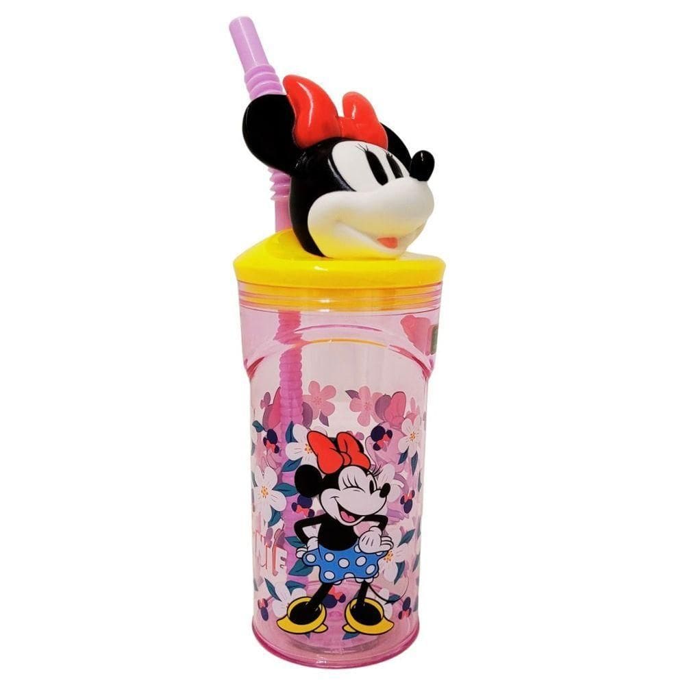 Copo 3d Infantil Com Canudo Minnie Mouse Disney Rosa E Amarelo 360ml - Tuut
