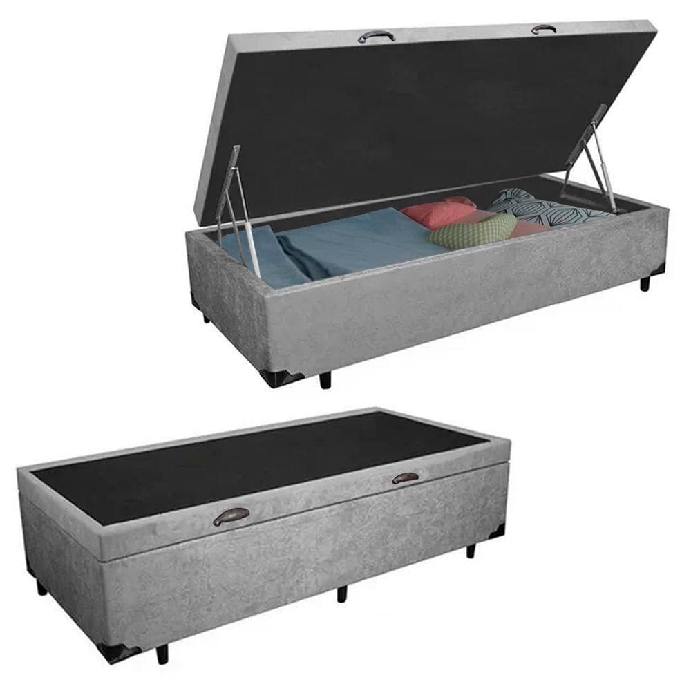Cama Box Baú Solteiro Suede Cama Cinza 88x188x45cm