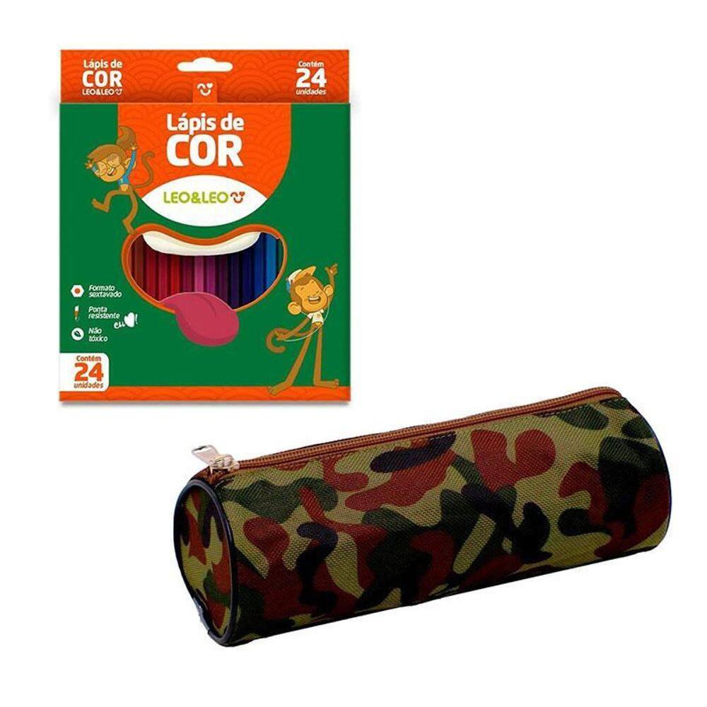Estojo Escolar Redondo 717193 e Lápis de Cor Sextavado 4449 24 Cores - Leo&Leo