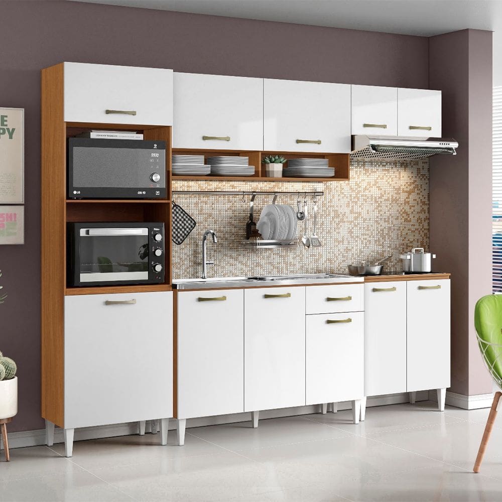 Cozinha Compacta Atenas Balcão 120cm com Pia e Cuba GhelPlus e Balcão 70cm Cinamomo Branco Aramóveis