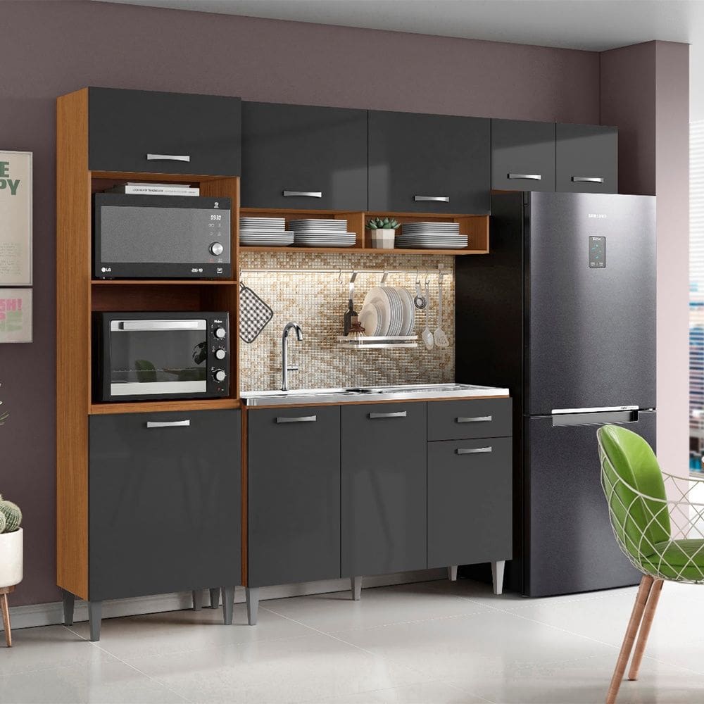 Cozinha Compacta Atenas com Balcão 120cm sem Tampo Cinamomo Grafite Aramóveis