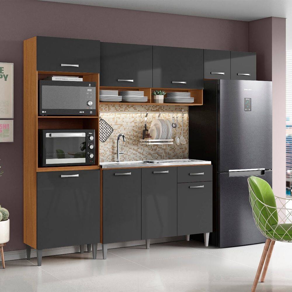 Cozinha Compacta Atenas com Balcão 120cm com Pia e Cuba GhelPlus Cinamomo Grafite Aramóveis