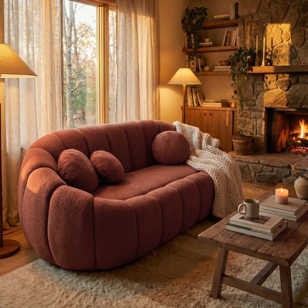 Sofá Curvo Orgânico Confortável Concha Bouclê Terracota - Montanari`s Decor