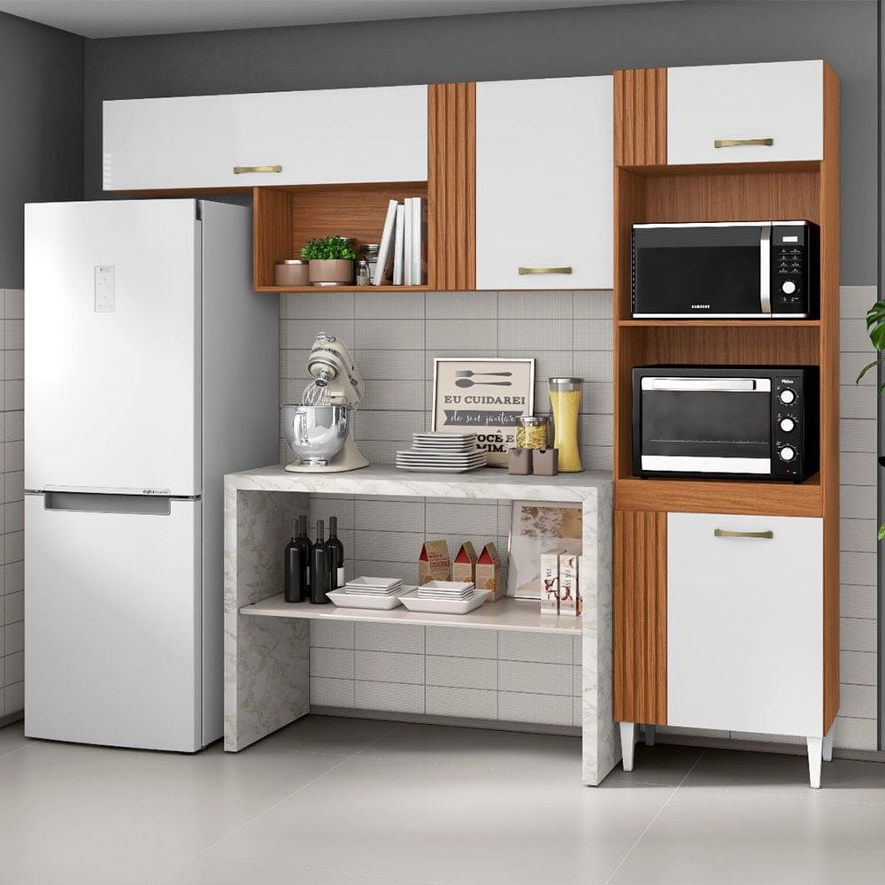 Cozinha Compacta Vitória com 4 Portas e 3 Nichos Cinamomo Branco Aramóveis