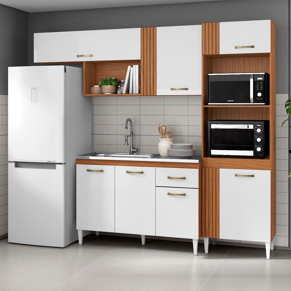 Cozinha Compacta Vitória com Balcão 120cm com Pia e Cuba GhelPlus Cinamomo Branco Aramóveis