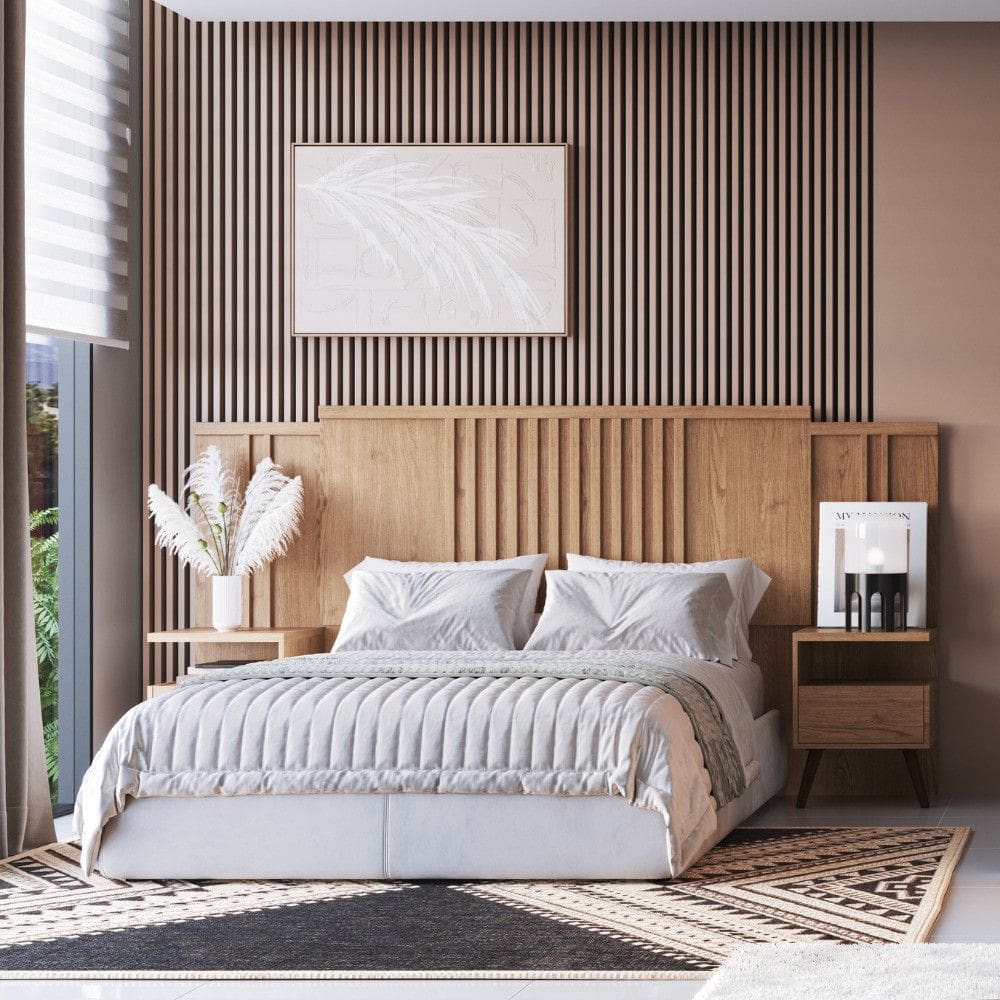 Cabeceira Extensivel Casal/Queen Ripada com 2 Mesas de Cabeceira Flora Moveis Castro