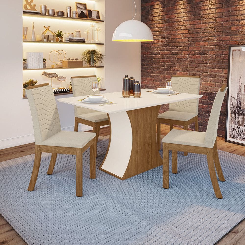 Conjunto Sala de Jantar Tampo MDF Canto Reto 120 Cm 4 Cad Brenda Casa 812