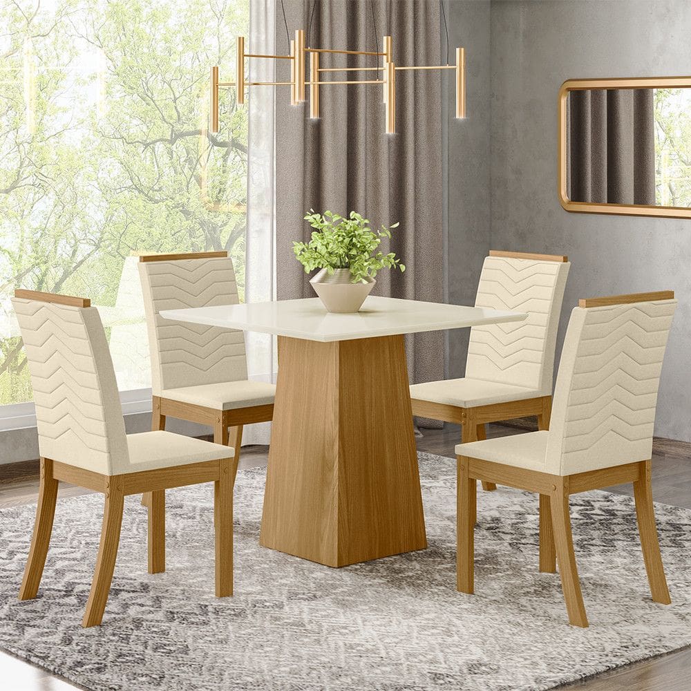 Conjunto Sala de Jantar Tampo MDF Canto Reto 90 Cm 04 Cadeiras Naiane Henn