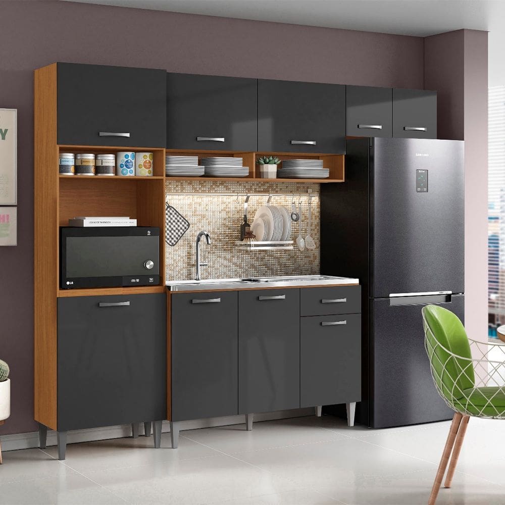 Cozinha Compacta Aurora com Balcão 120cm com Pia e Cuba GhelPlus Cinamomo Grafite Aramóveis