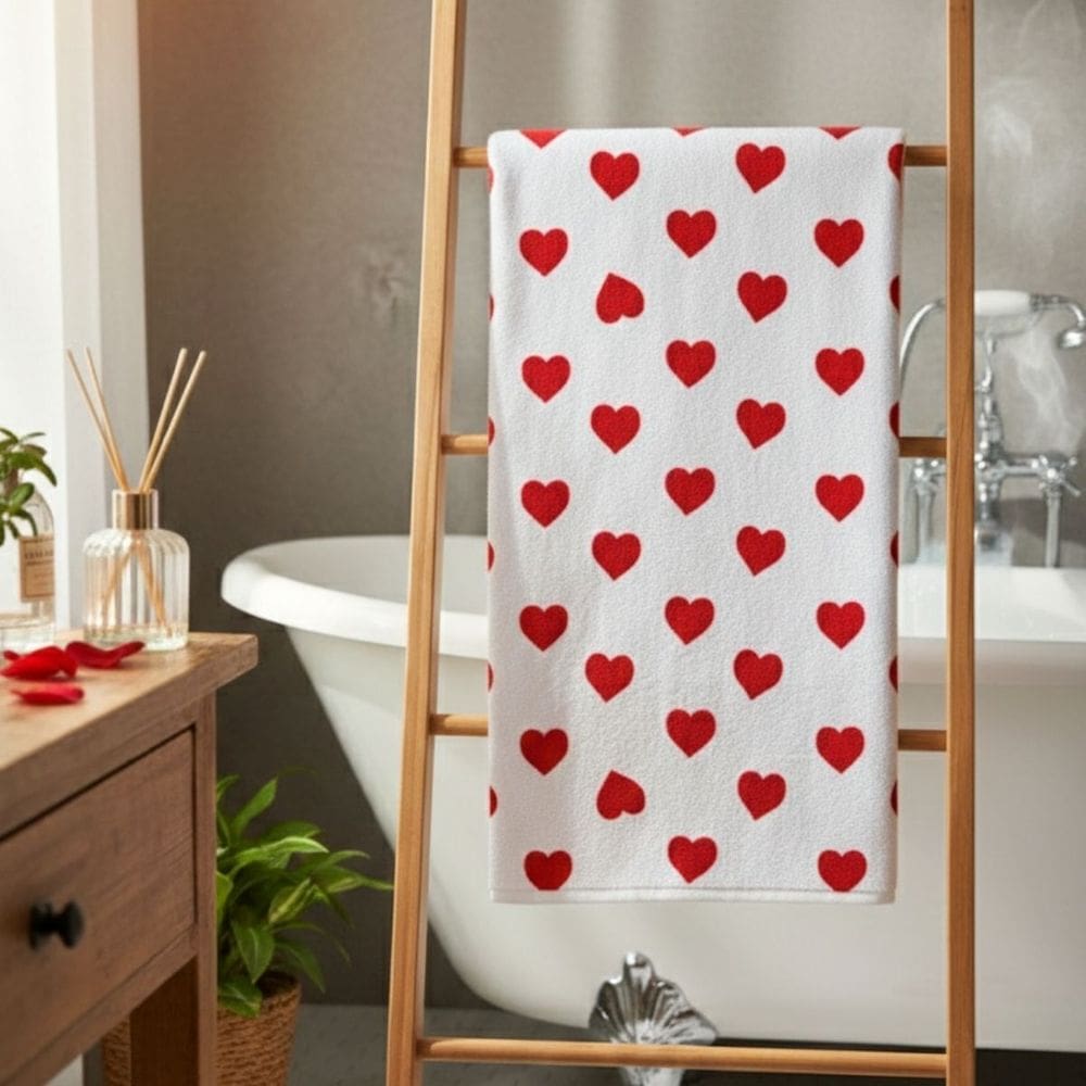 Toalha de Banho Felpuda Corações Vermelho 100% Algodão Teka 70x1,35cm - Toque Macio e Alta Absorção