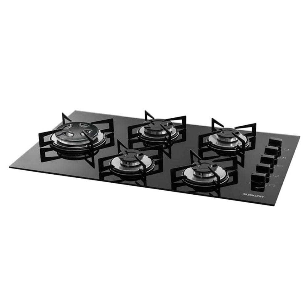 Fogão de Mesa Cooktop 5 Bocas Vidro Preto à Gás Suggar FG5535VP