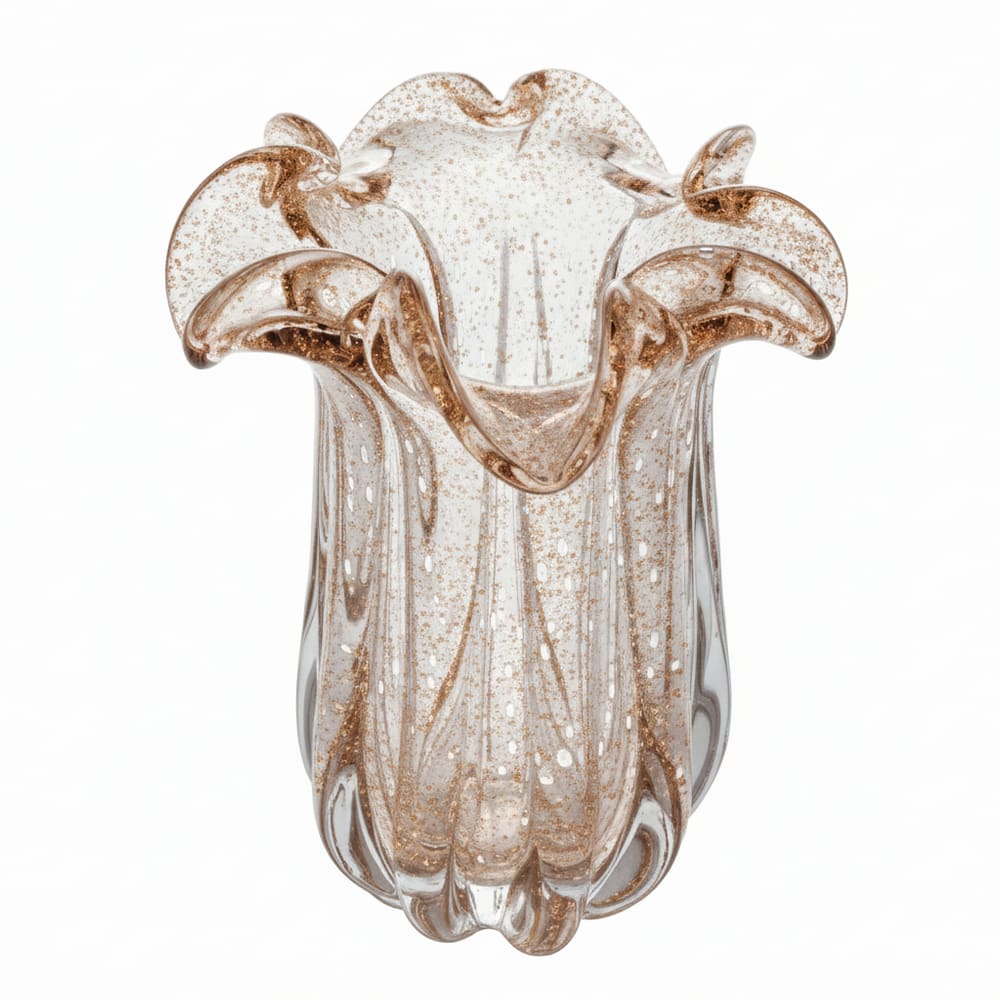 Vaso Decorativo de Vidro Murano Flat Italy Transparente C/Brilho Dourado 21x18cm Wolff
