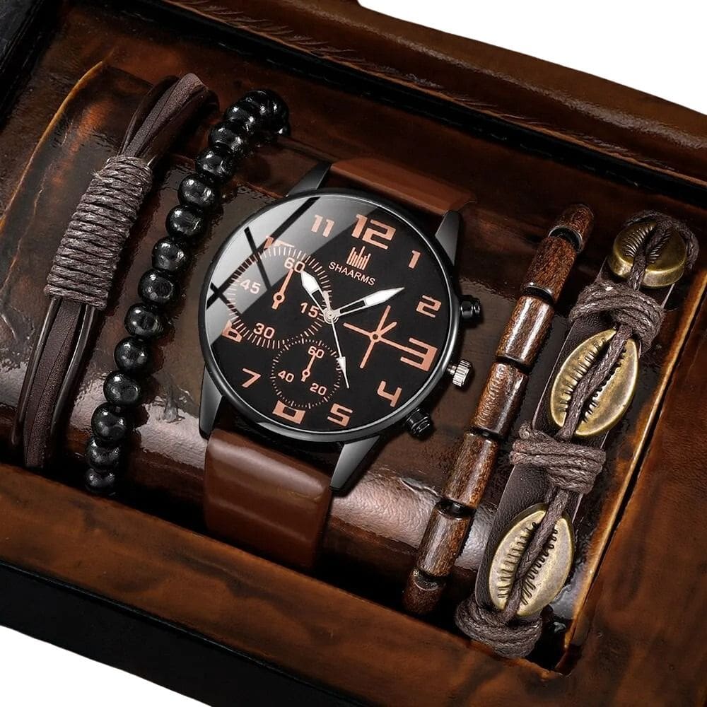 Relógio Masculino Marrom Couro + Kit Pulseiras Moderno Luxo