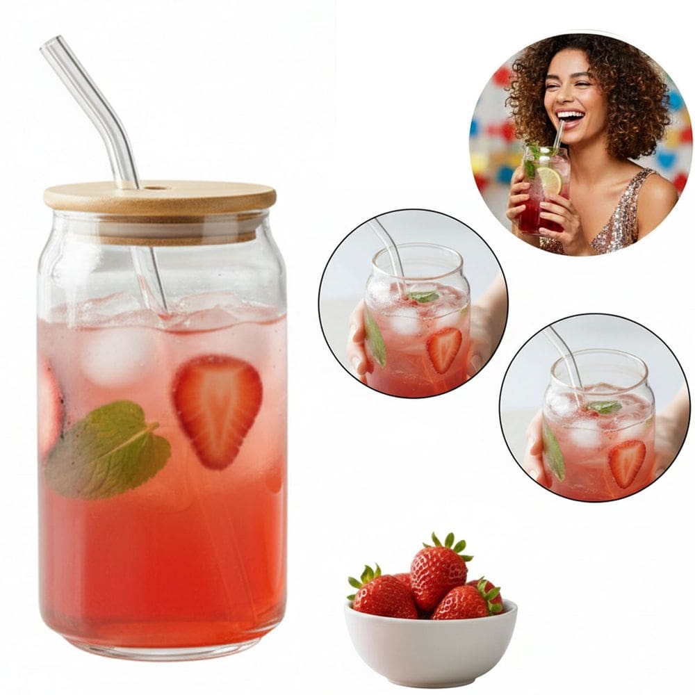 Copo De Vidro com Tampa E Canudo Drink 500ml