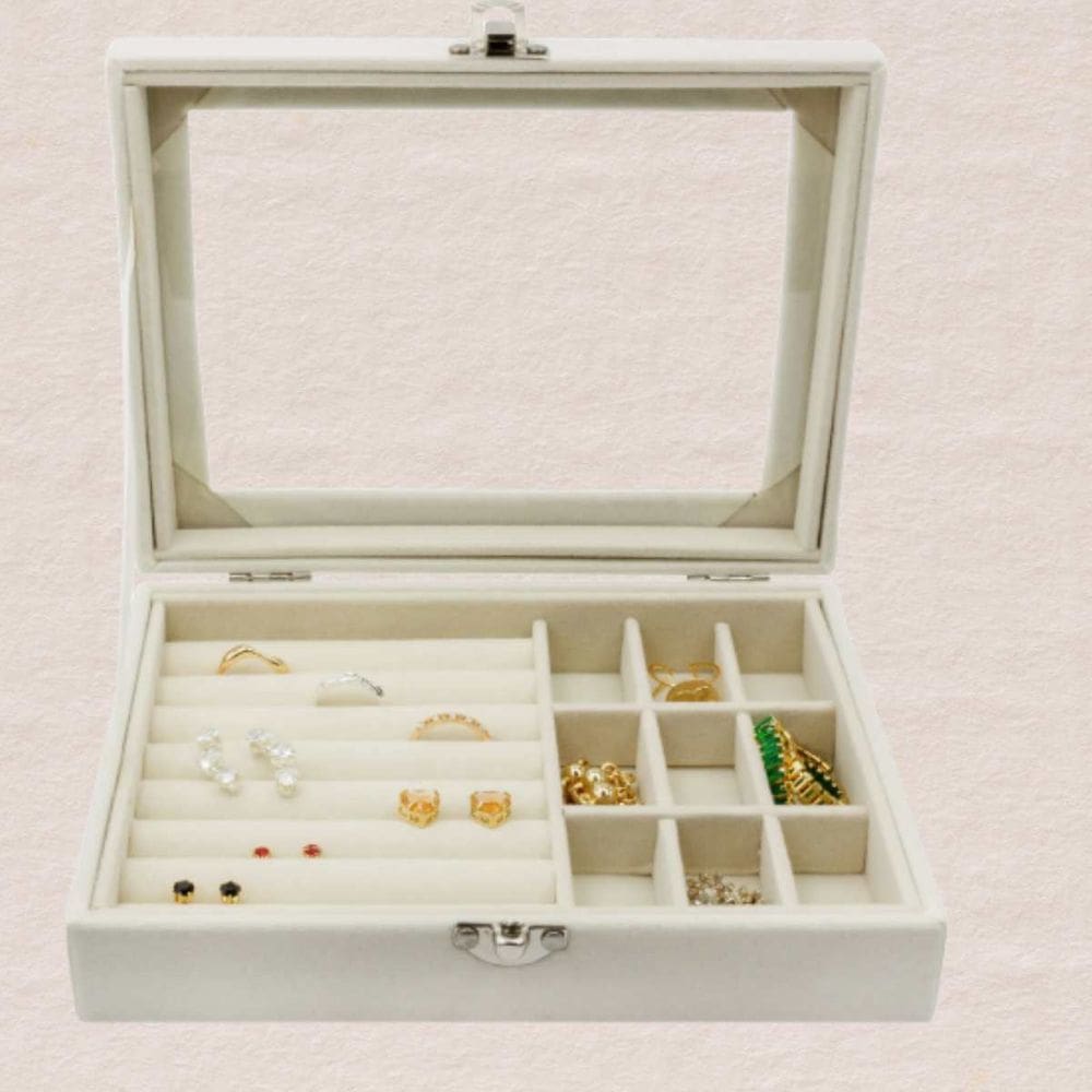 Porta Joias Luxo com Tampa de Vidro e Divisórias para Anéis 20x15x5cm Rosa Off white Cinza