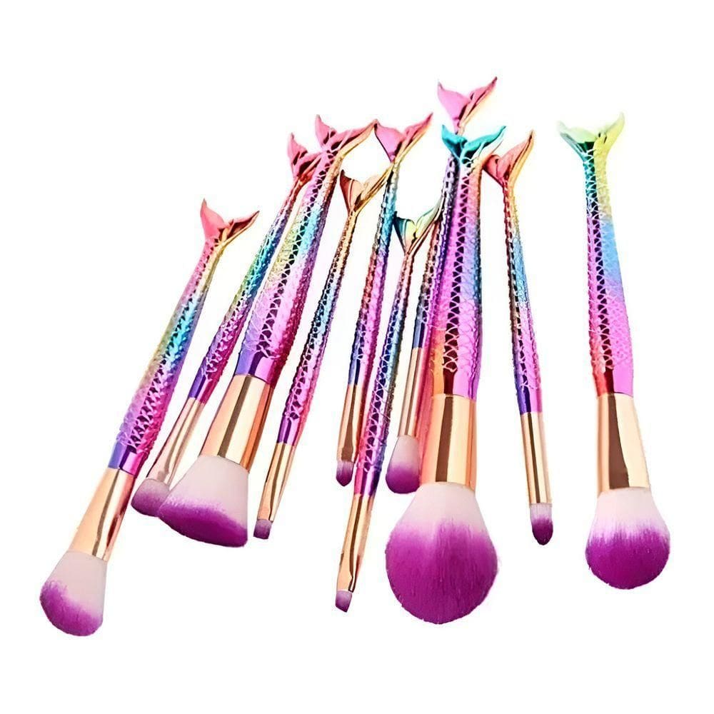 Kit 10 Pincéis Maquiagem Coloridos Calda Sereia Macio