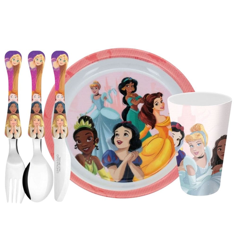Jogo Refeição Infantil Princesas Disney 5 Peças Prato Fundo, Copo e Talheres
