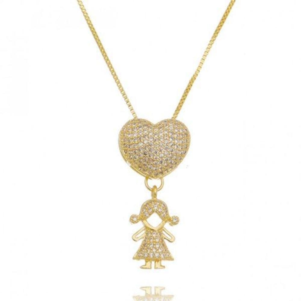 Colar Coração Cravejado Filha Menina Folheado A Ouro