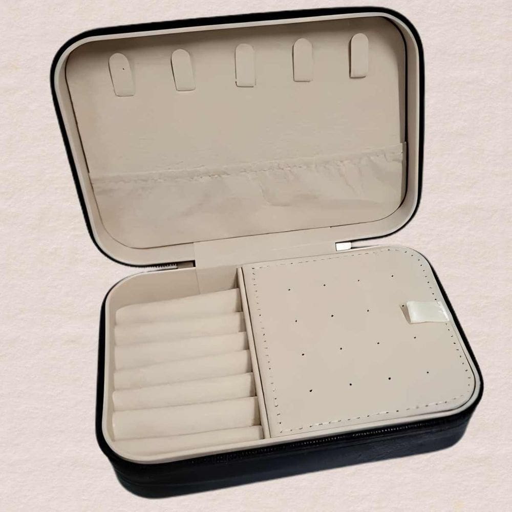 Porta-Joias 16x11x5cm com Zíper, Divisórias e Suporte para Anéis – Preto/Rosa