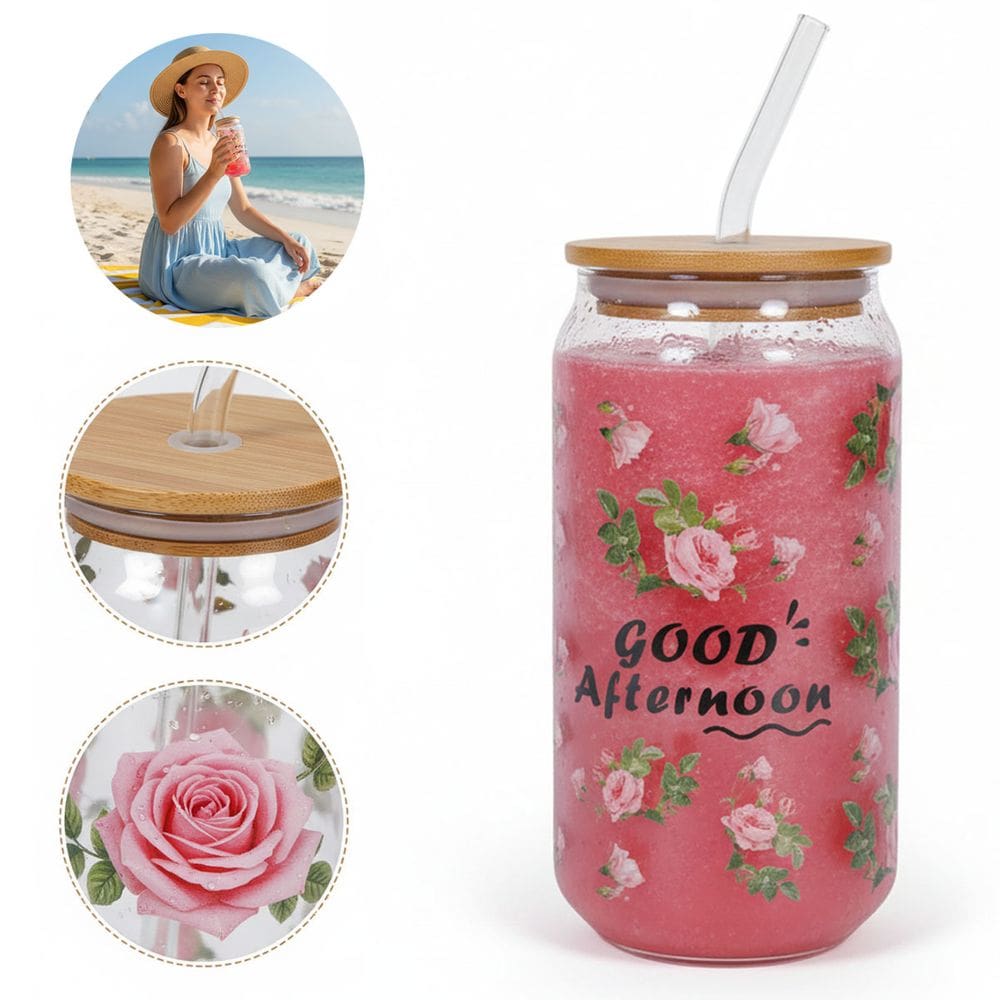Copo De Vidro com Tampa E Canudo Flor Good Afternoon 600ml