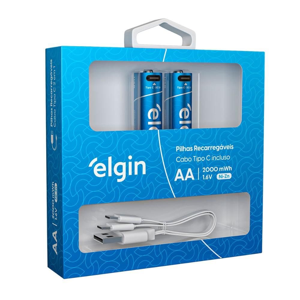 Pilha Recarregável AA Elgin 82427 - 1200mAh - Cabo USB-C - 2 unidades