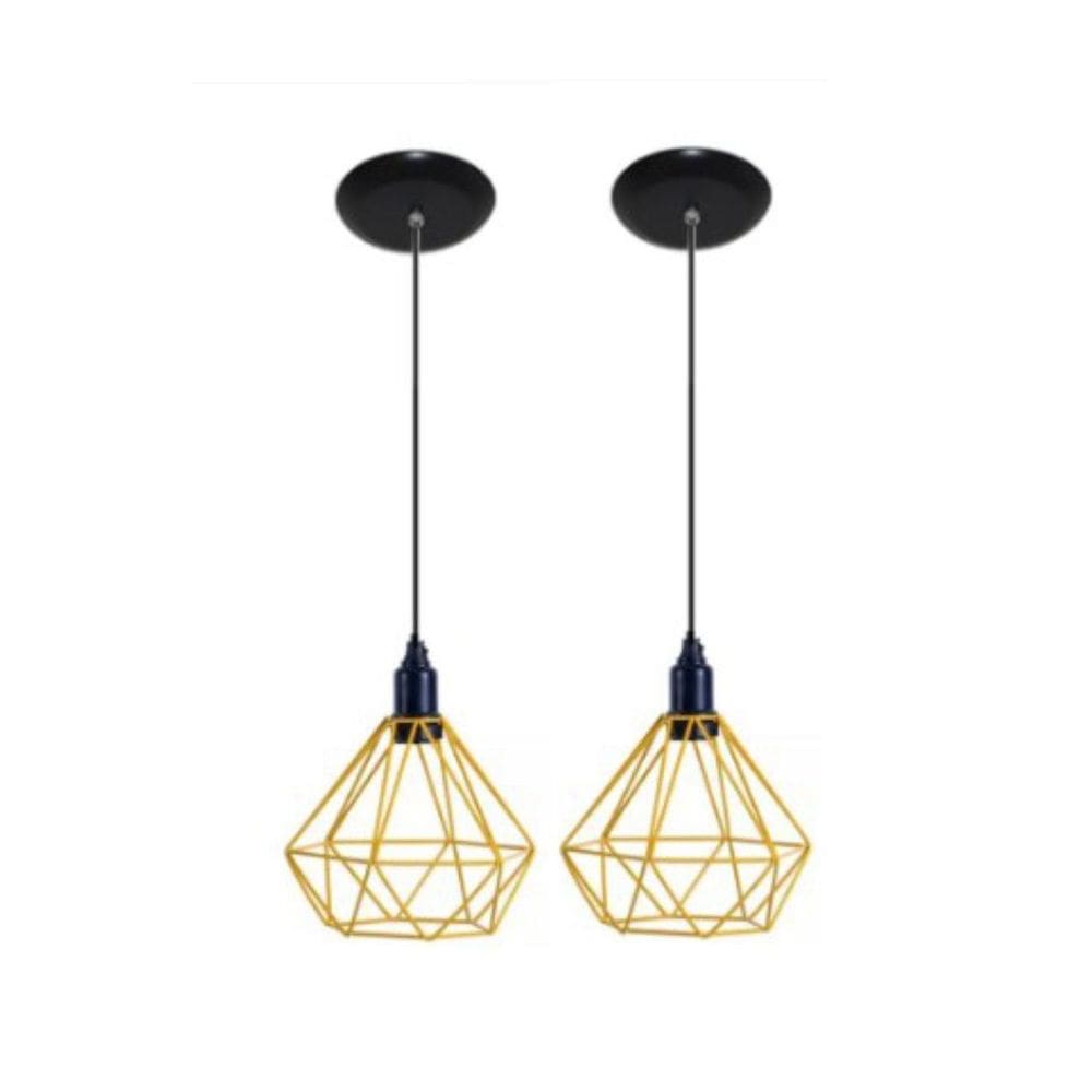 Kit 2 Lustres Aramado Retrô Diamante 18X18Cm Amarelo -Md8003