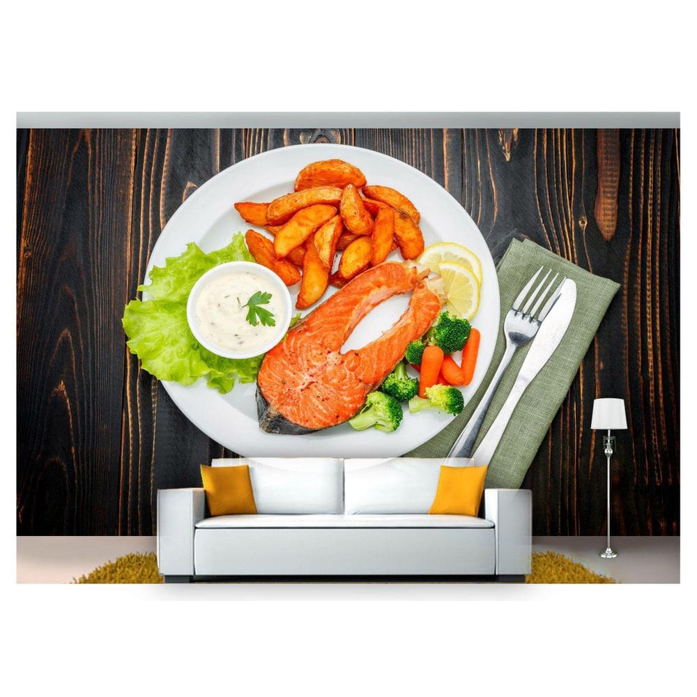 Papel De Parede Almoço Salmão Batatas 3D Al217