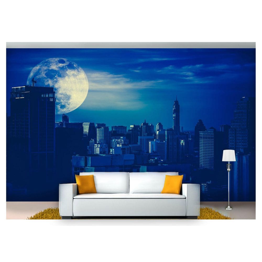 Papel De Parede Lua Noite Cidade Prédios 3D Nsk77