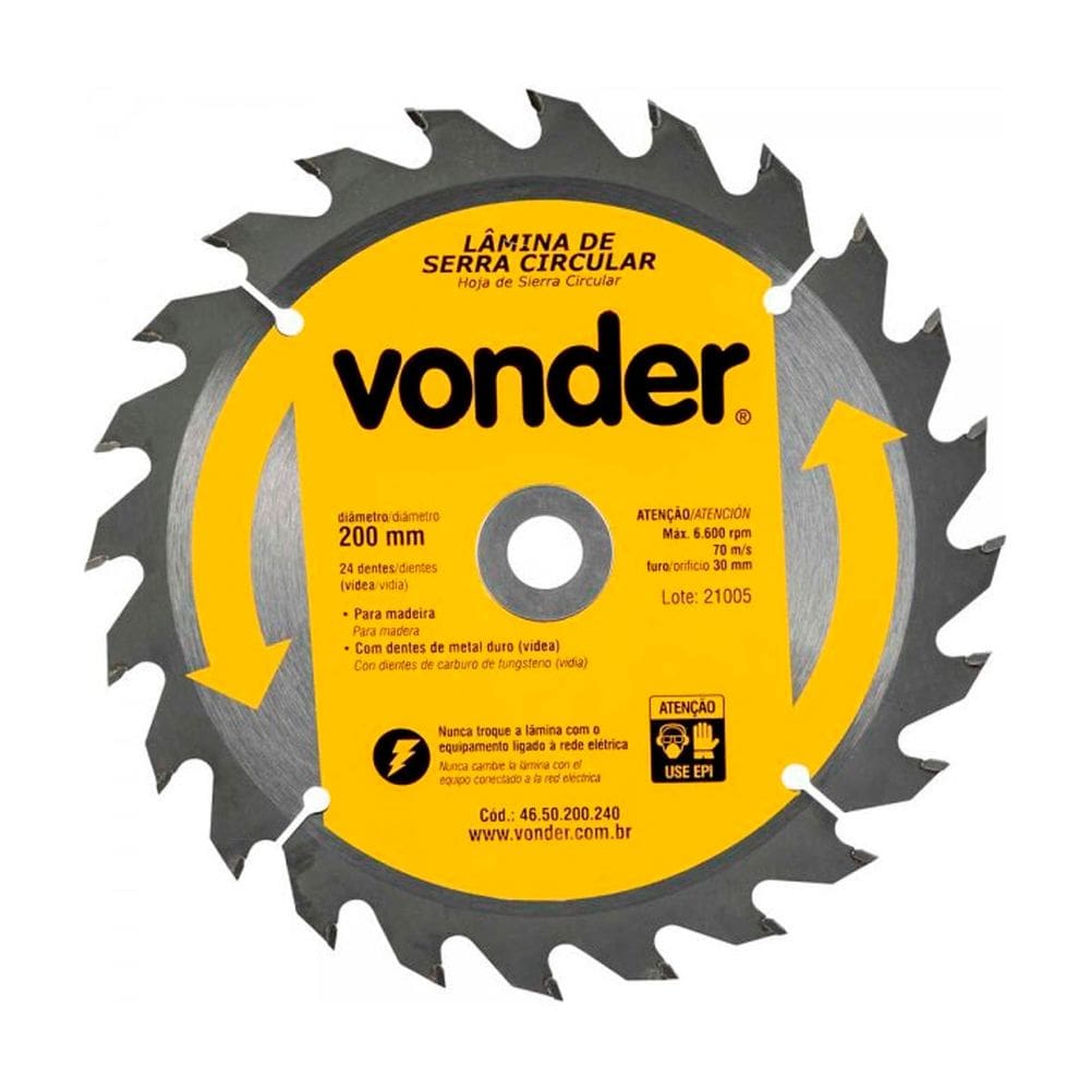 Lâmina de Serra Circular 200mm x 30mm 24 Dentes Vonder