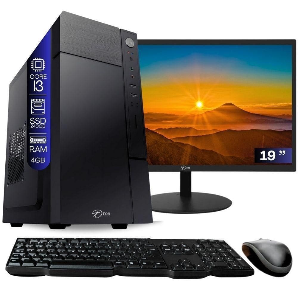 Computador Completo Tob Intel Core I3 Ssd 240gb Memória 4gb Windows 10 Pro Trial + Teclado E Mouse + Monitor 19” Desktop