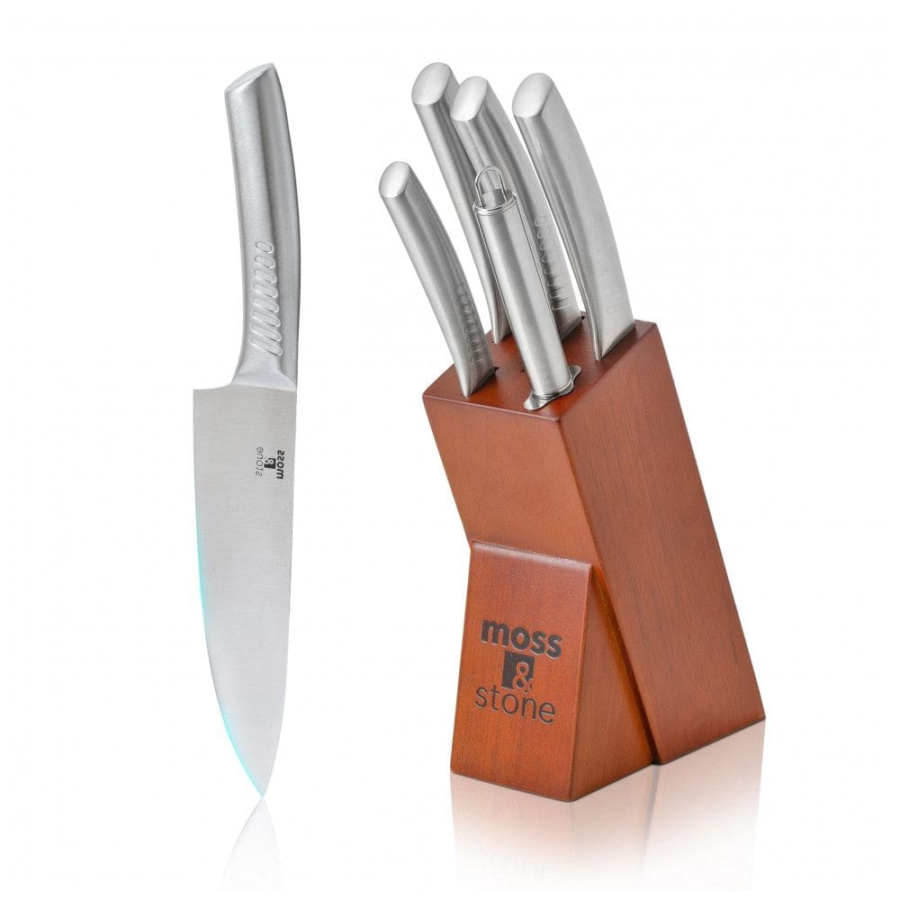 Conjunto de Facas em Aço Inoxidável com Bloco de Bancada, 6 Peças, MOSS STONE, Prateado