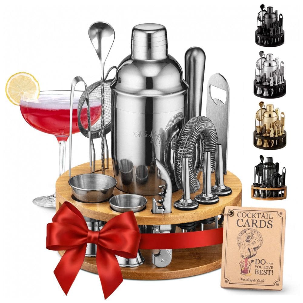 Kit Bn Profissional Mixology Craft 15 Peças em Aço Inoxidável com Suporte de Madeira, Cor Prata