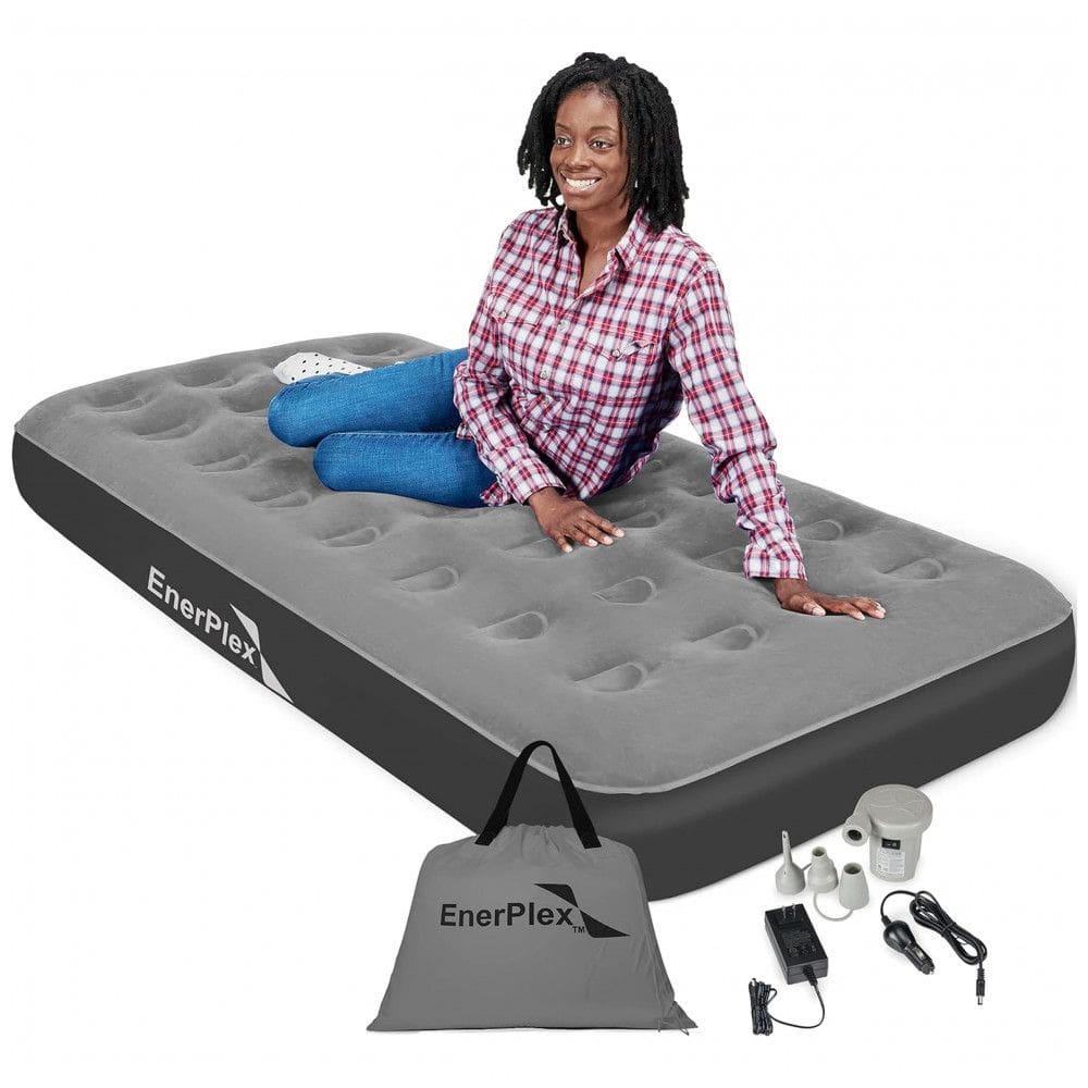 Colchão Inflável Solteiro, para viagens, camping, com bomba de ar incluída 12V, 220v, ENERPLEX, Cinza