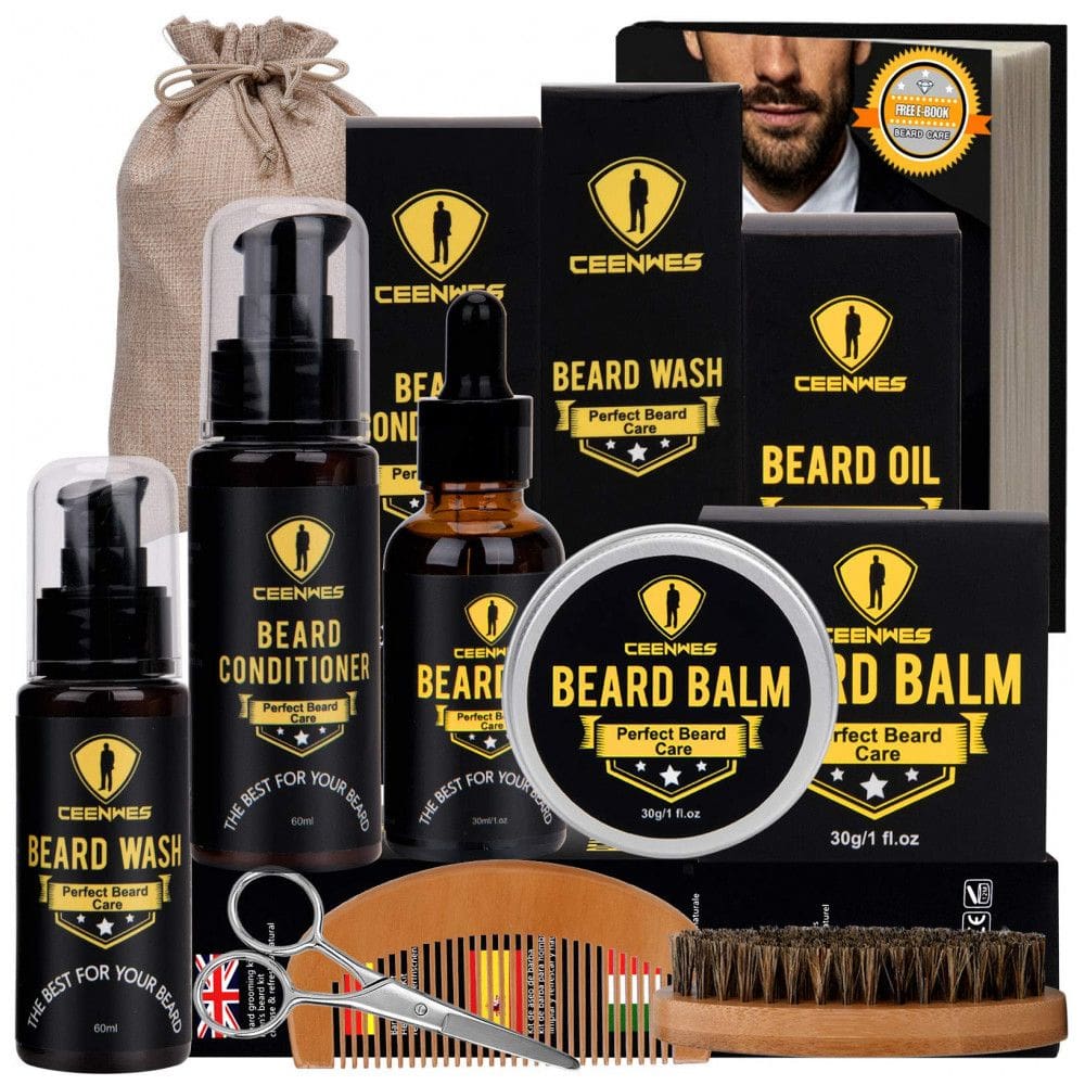 Kit para Barba Profissional Portátil com Cera e Pente, 7 Itens, CEENWES, Preto