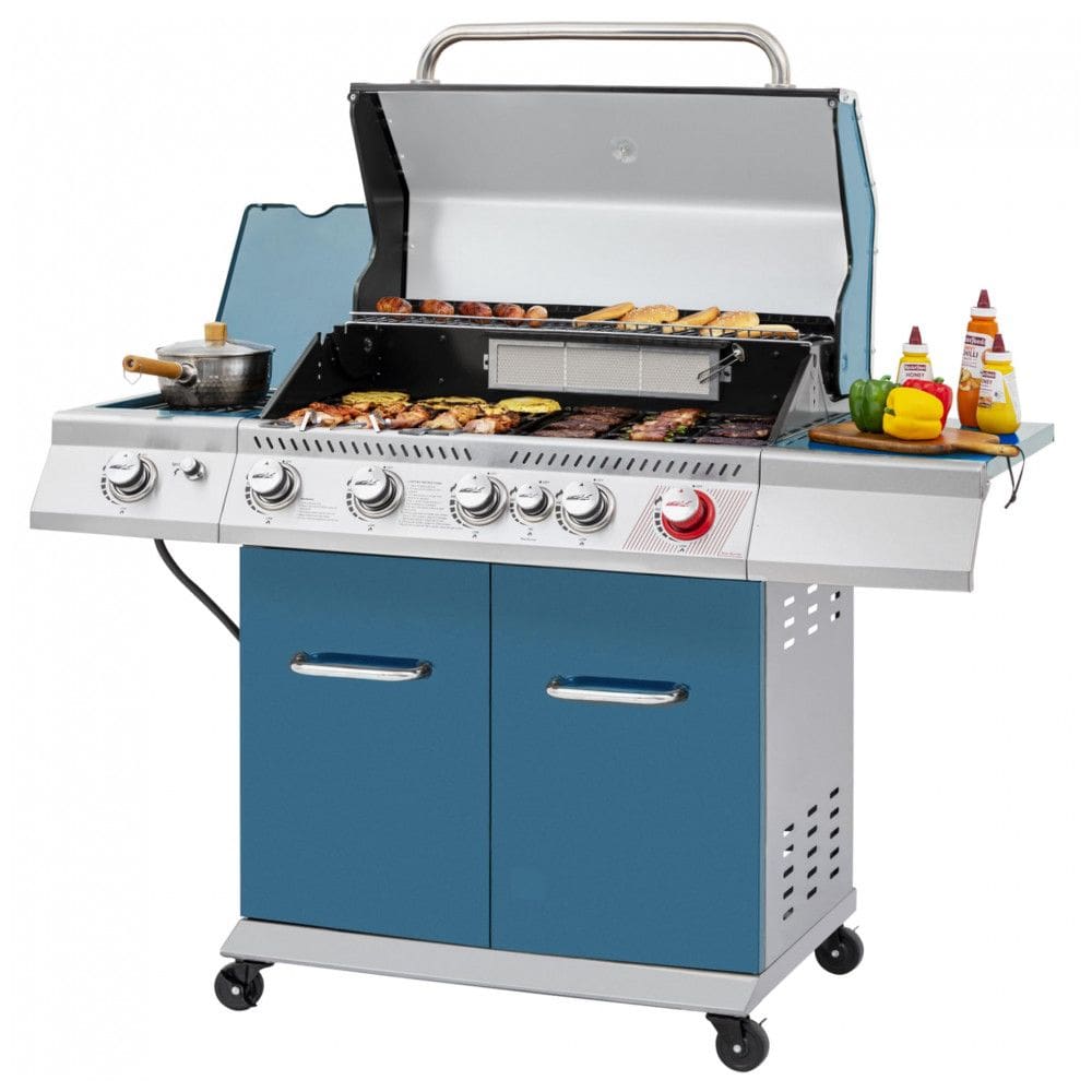 Churrasqueira a Gás 74.000 BTU com 5 Queimadores, 2 Portas e 1 Queimador Lateral em Aço Inoxidável, ROYAL GOURMET GA5403B, Azul