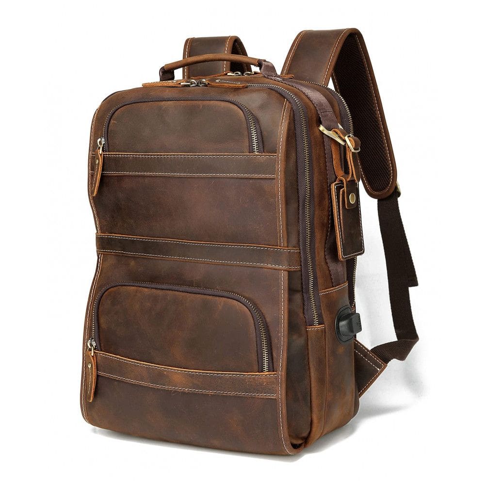 Mochila Unissex de Couro para Laptop, LANNSYNE LB140, Marrom