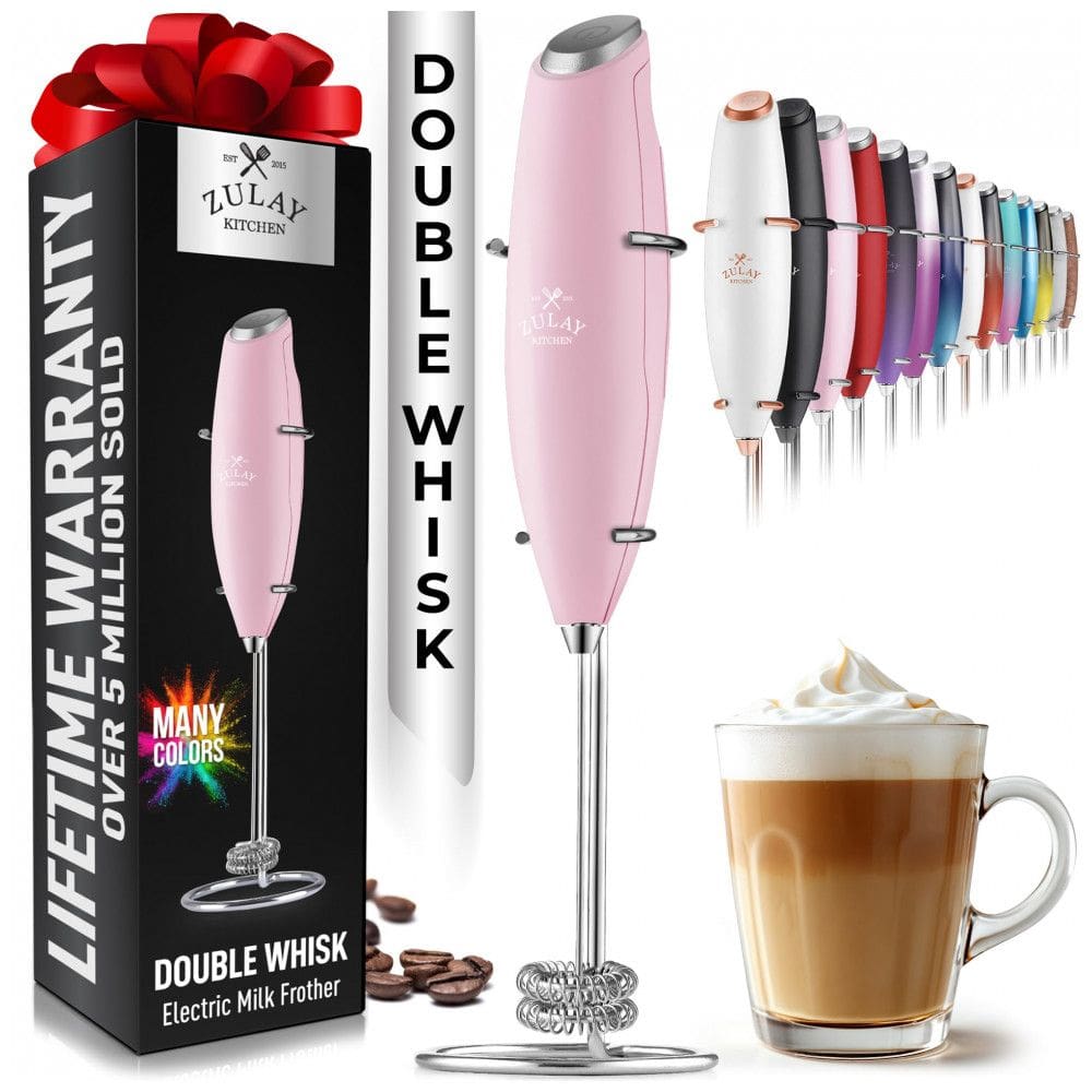 Espumador Elétrico de Leite a Bateria com Suporte, ZULAY KITCHEN Twin Whisk 12,500 RPM, Rosa