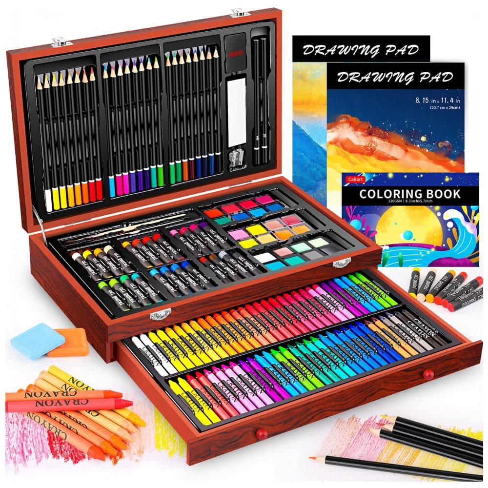 Art Supplies Kit Lápis de Cor Profissional com Maleta de Madeira 153 peças Tintas Acrílicas, Aquarela, CALIART, Marrom
