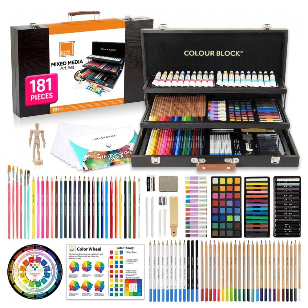 Lápis de Cor Profissional Maleta de Madeira 181pcs Aquarela, Tinta, Grafite, COLOUR BLOCK