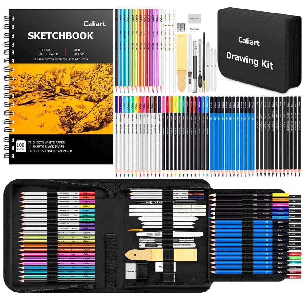 Kit Lápis de Cor Profissional Art Supplies com Estojo 176 peças Tintas Acrílicas, Aquarela, CALIART 663152, Preto