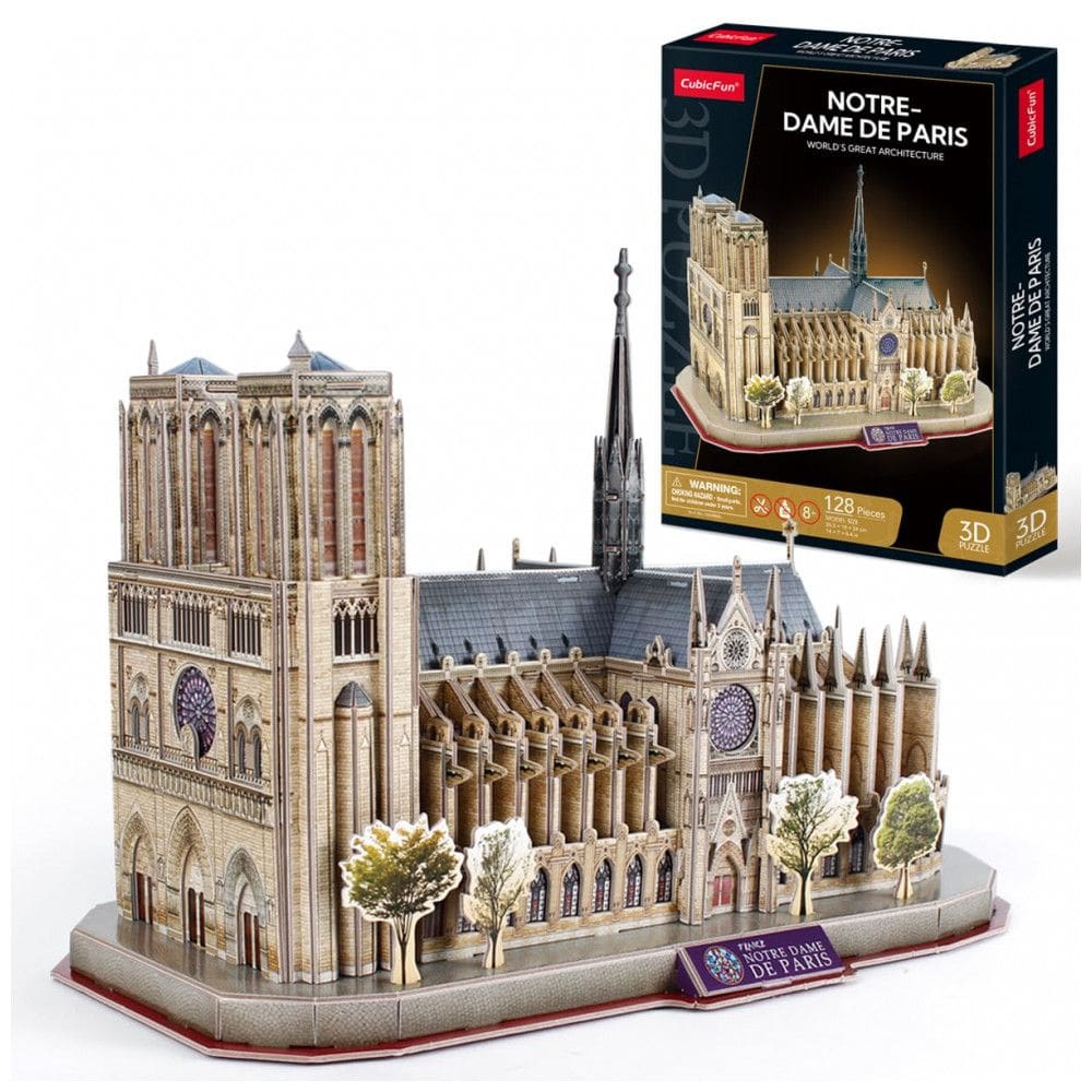 Quebra Cabeças 3D Arquitetura Notre Dame com Led para Crianças e Adultos, 128 Peças, CUBICFUN DS0986H, Branco