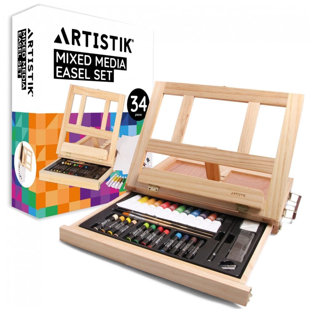 Mixed Media Art Set Kit de Pintura Profissional com Maleta de Madeira, 34 Peças, ARTISTIK, Marrom Claro
