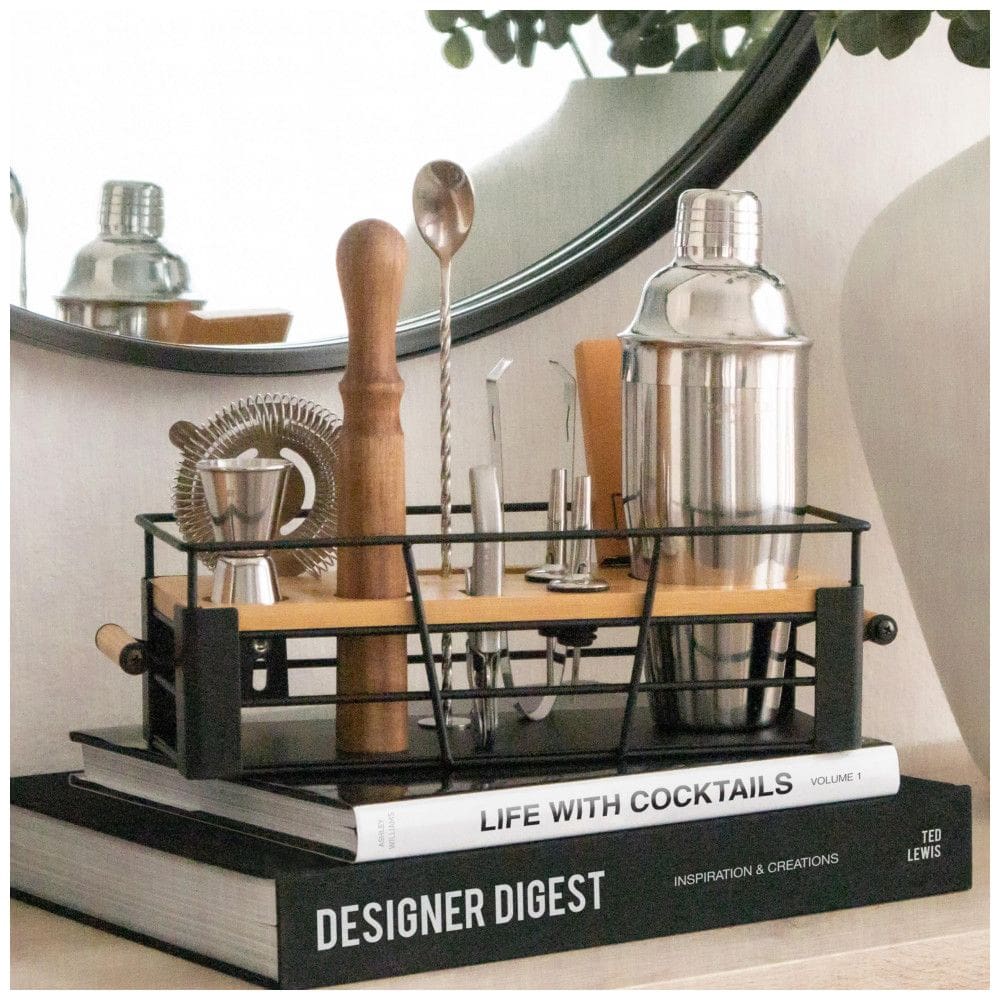 Kit Bartender Profissional 11 Peças em Aço Inoxidável com Suporte de Bambu, ROYALE MIX, Prata